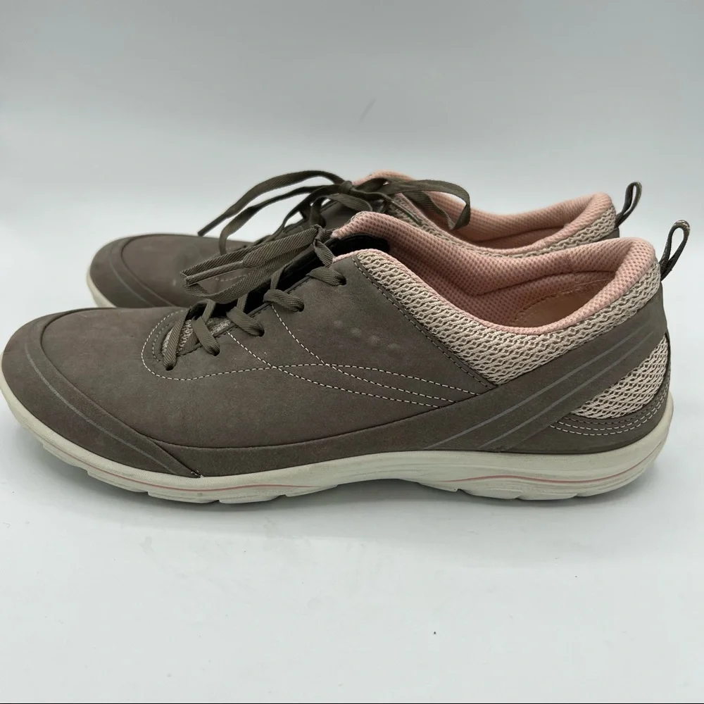 ECCO‎ Women's Casual Sneakers 7 7.5 M 38 Gray Taupe Suede Pink Leather Shoes EUC